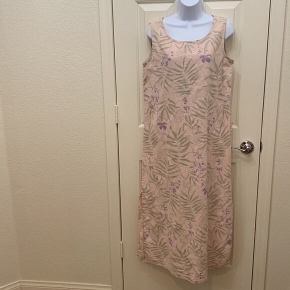 Jane Ashley Medium Linen Cotton Scoop Neck Short Sleeve Pink Purple Maxi Dress - Picture 2 of 11